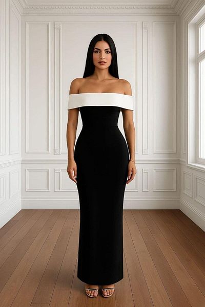 Mossta Off-The-Shoulder Long Evening Dress with Band Detail - Black