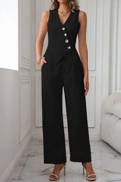 Mossta Button Detailed V-Neck Sleeveless Double Suit - Black