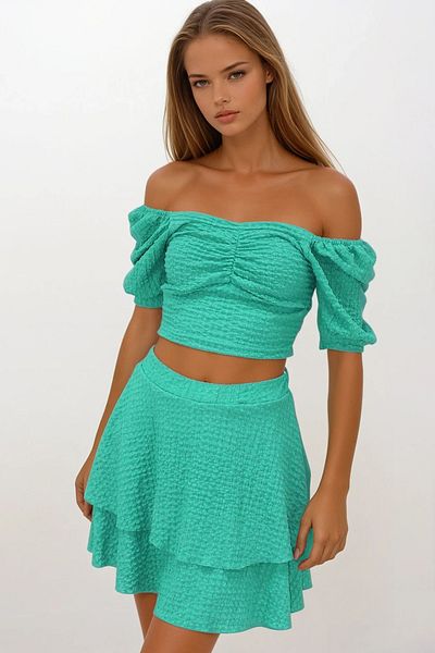 VAGGON Women's Green Princess Sleeve Gathered Blouse and Skirt Flounced Wrap Suit Vs00227