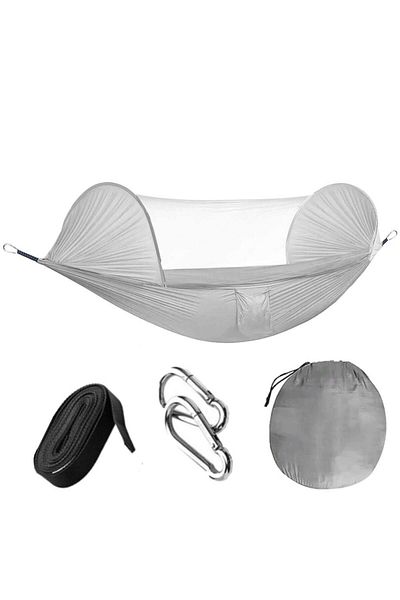 SERSIMO Double Hammock Made of Parachute Material 140x260cm, With Mosquito Net and Carrying Bag, Gray
