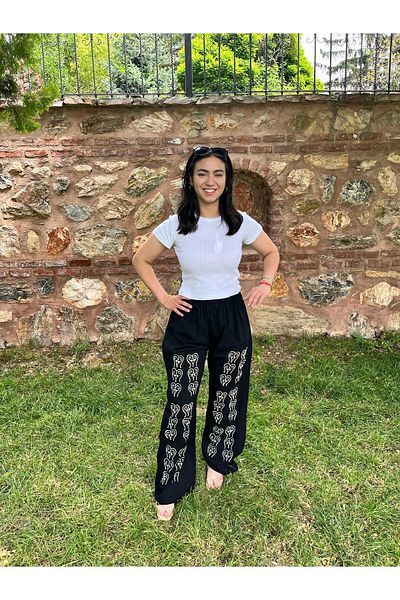 Sobe Hediyelik Black Wide Leg Trousers – White Ethnic Pattern – Summer Loose Model