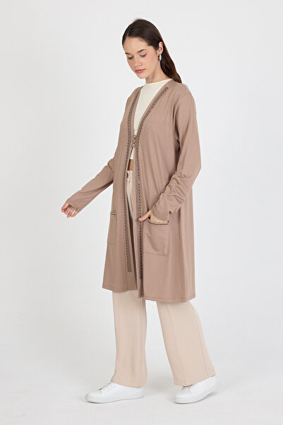 larocci Women's Standard V-Neck Stone Detailed Long Sleeve Vest with Pockets