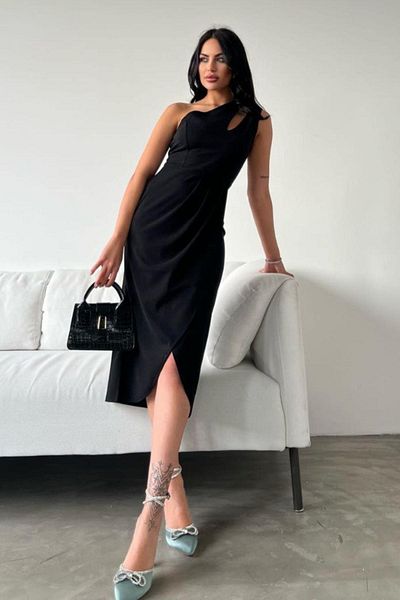 Mossta One Shoulder Asymmetrical Cut Midi Evening Dress - Black