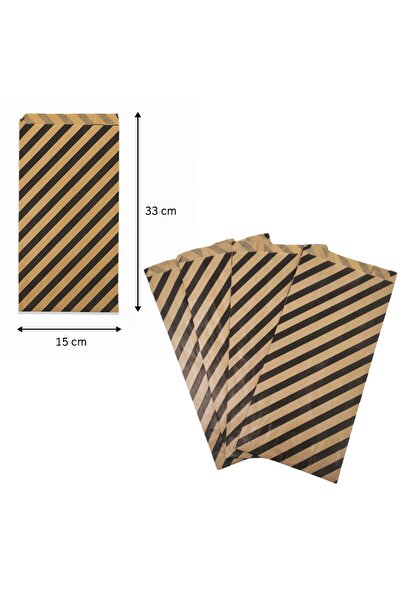 roco paper Körüklü Kraft Kese Kağıdı, Siyah Verev Desenli Şamua Hediye, Ambalaj Poşeti, 15x33 Cm, 50 Adet