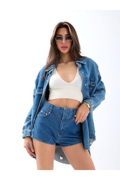 vuvutasarım Pantaloni scurți din denim pentru femei, cu buzunar și detaliu cu nasturi, sezon nou 6967