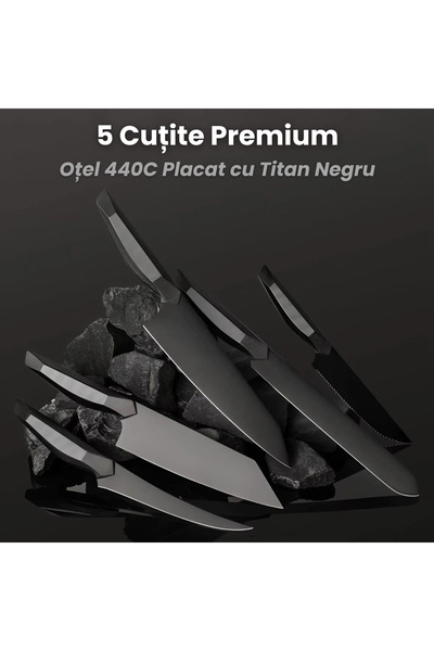 NEOSOR Set 5 Cuțite Chef, Oțel 440C Titan Negru, Full Tang, Ascuțire 15°, Design Japonez Profesional