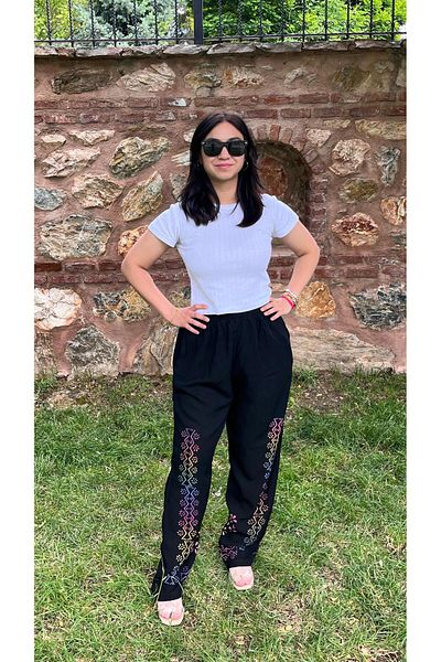 Sobe Hediyelik Ethnic Patterned Relaxed Cut Summer Trousers with Black Background |   High Waist – Cotton Fabric