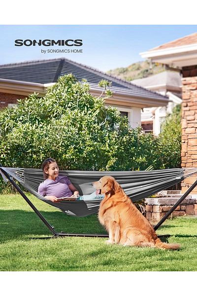 SONGMICS Hammock With Metal Frame, Adjustable To 5 Heights, Maximum 240 Kg, 300x90x95cm, Gray
