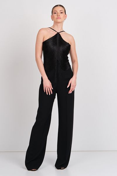 EXPLOSION Women's Tassel Detailed Halter Neck Evening Dress Jumpsuit 2283 Black
