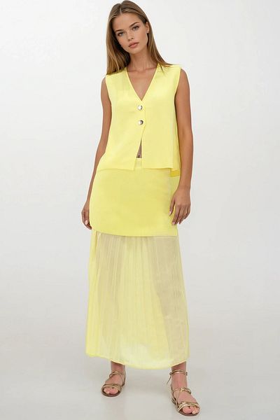 VAGGON Women's Yellow Buttoned Vest and Pleated Design Skirt Knitwear Set Vs00260