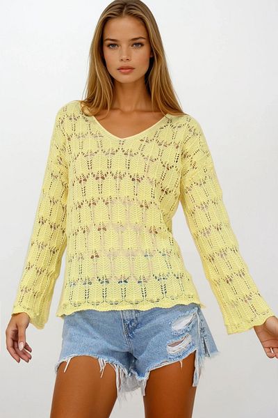 VAGGON Women's Yellow V-Neck Openwork Blouse Vs00251