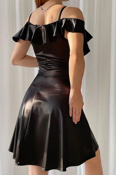 Mossta Ruffled Satin Dress with Off Shoulder Straps - Black