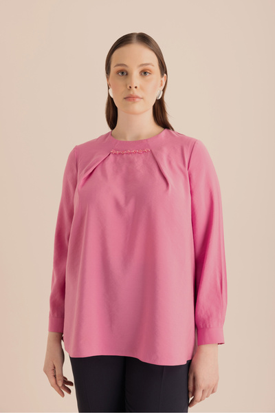 Aker Yakası Pili ve İşleme Detaylı Dokuma Bluz