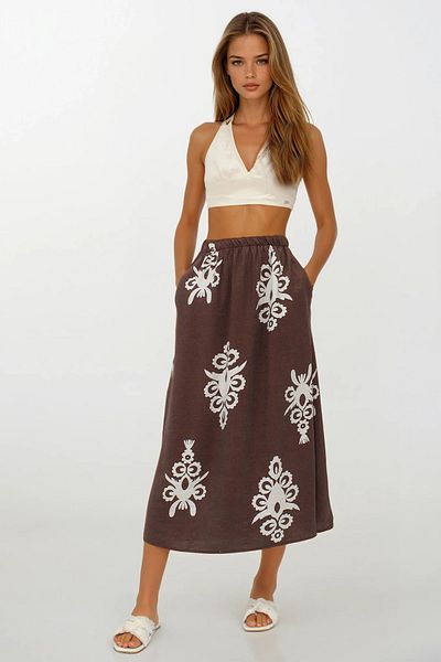 VAGGON Women's Brown Elastic Waist Double Pocket Patterned Maxi Skirt Vs00259