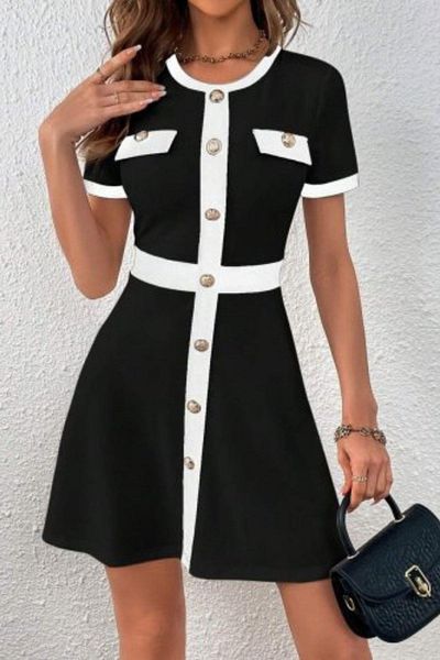Mossta Crew Neck Button Detailed Mini Dress - Black