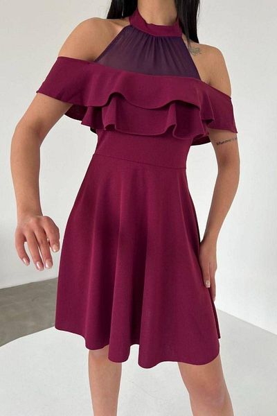 Mossta Halter Neckline Ruffle Detail Mini Dress - Plum