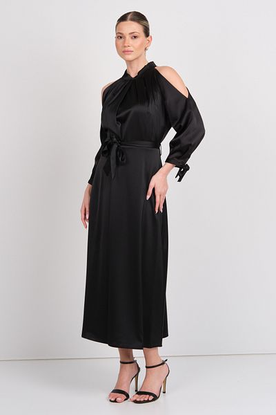 EXPLOSION Women's Satin Fabric Shoulder Detailed Waist Tie Midi Dress 7878 Black