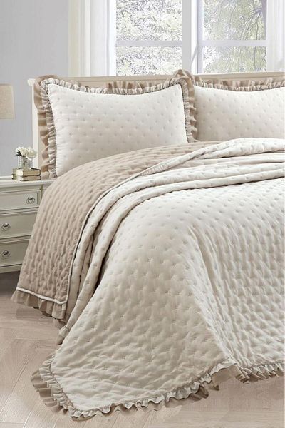 Çeyiz Diyarı Lamina Ruffled Fiber Filled Double 240X260 cm Bedspread Beige