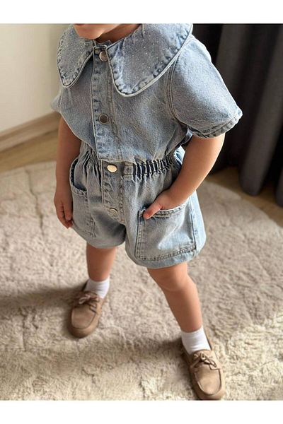 maykids Jean Jumpsuit with Stone Embroidered Collar