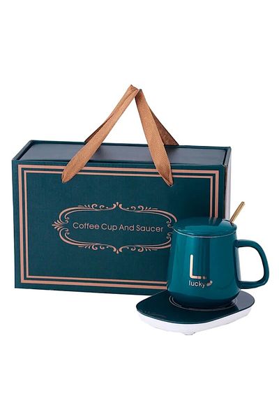 OEM Ceramic Mug With Heater, Spoon, Constant Temperature 55 Degrees, 220V, 400 Ml, Green