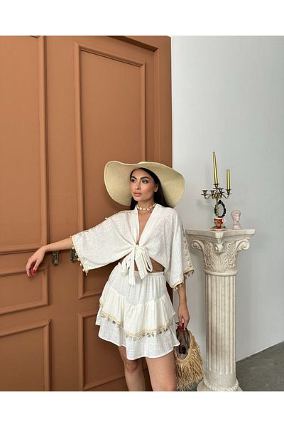 SOFT Seashell and Gold Sequin Embroidered Tie-Up Crop and Skirt Suit