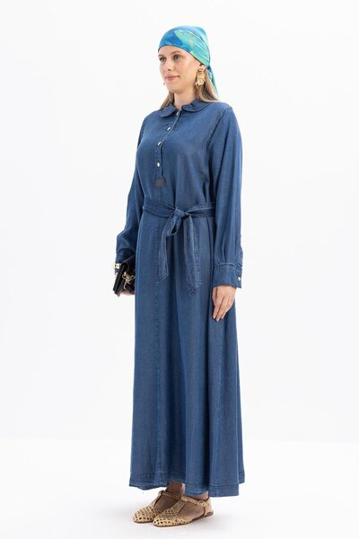 ALLDAY Açık Mavi-Yarım Patlı Kuşaklı Denim Elbise