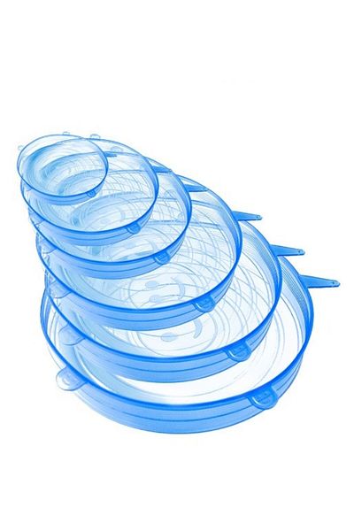OEM Set de 6 capace din silicon pentru oale fără capac, extensibile, reutilizabile, albastru transparent