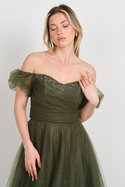 Hvit Vera Women's Low Sleeve Stone Embroidered Puffy Model Long Evening Dress 5700 Khaki