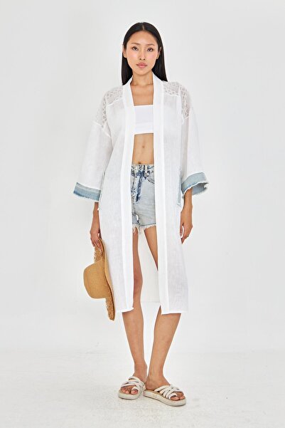 TIFFANY&TOMATO Kot Garnili Brodeli Keten Görünümlü Kimono