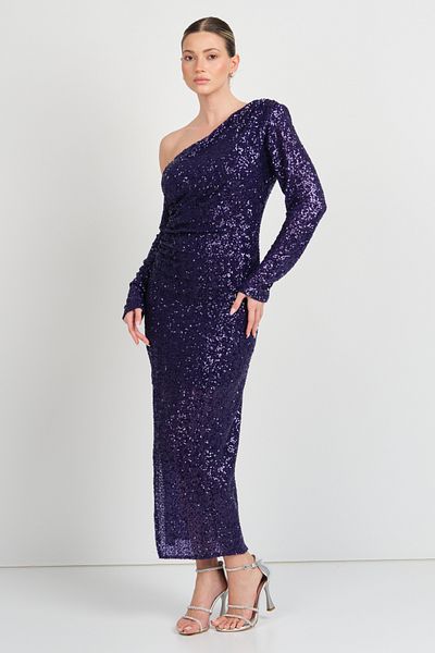 EXPLOSION Women's Full Sequin Sequined One Shoulder Detailed Evening Dress 7687 Purple