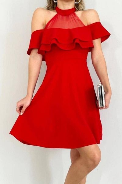 Mossta Halter Neckline Ruffle Detailed Mini Dress - Red