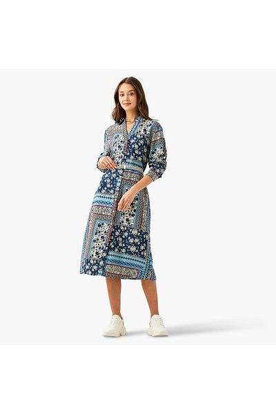 Lee Cooper فستان قميص مطبوع بالكامل مع ياقة وحزام