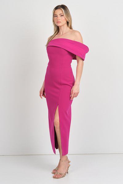 Dans Women's Sleeve Detailed Strapless Midi Evening Dress 1816 Fuchsia
