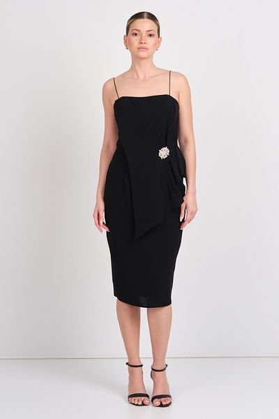 EXPLOSION Women's Rope Strap Waist Buckle Midi Evening Dress 7818 Black