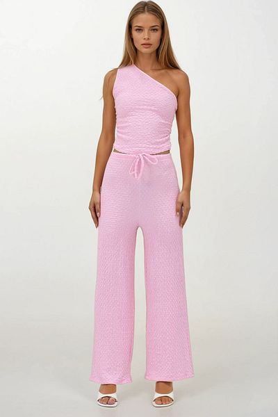 VAGGON Women's Pink Drawstring Waist and Elastic Double Pocket Pants and One Shoulder Blouse Set Vs00233