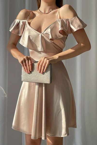 Mossta Ruffled Satin Dress with Off Shoulder Straps - Beige