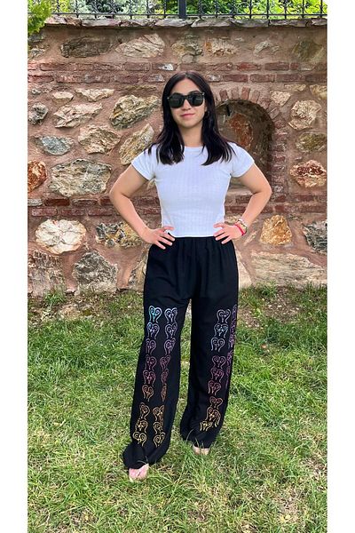 Sobe Hediyelik Ethnic Patterned Wide Leg Summer Trousers with Black Background – Comfortable Fit