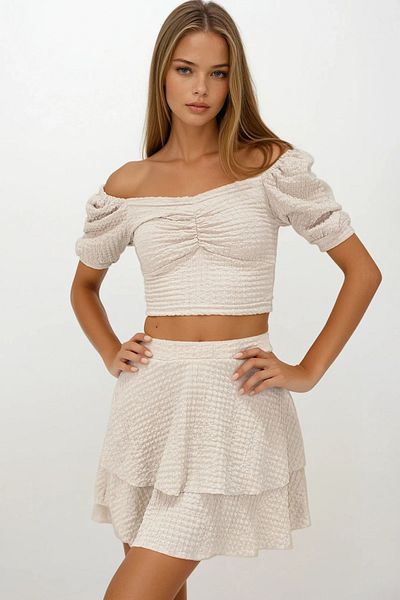 VAGGON Women's Beige Princess Sleeve Gathered Blouse and Skirt Flounced Wrap Suit Vs00227