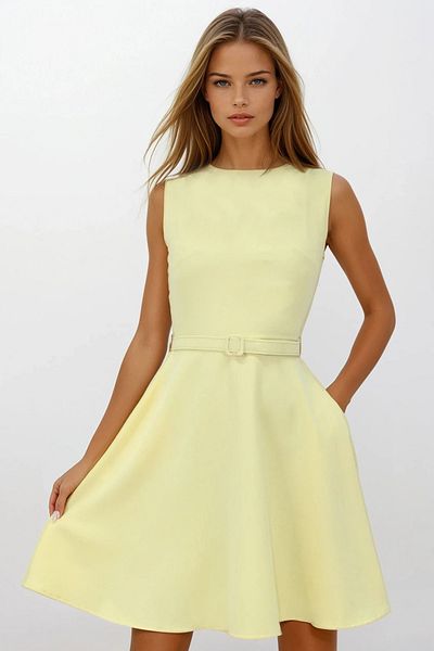 VAGGON Women's Yellow Crew Neck Zipper Closure Double Pocket Belted Dress Vs00231