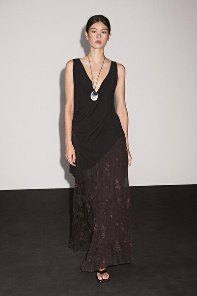 Massimo Dutti İşlemeli uzun pilili etek