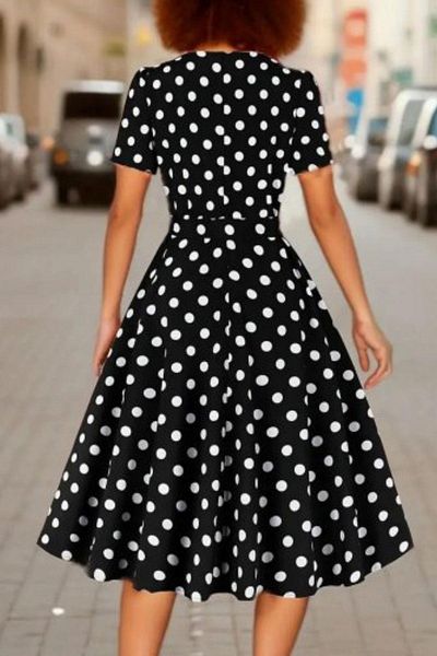 Mossta Polka Dot Patterned Belted Midi Single Jersey Dress - Polka Dot