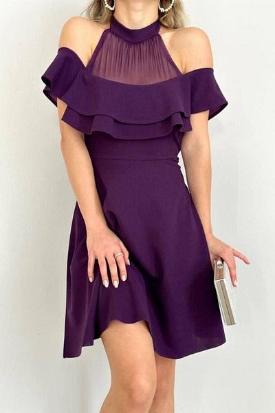 Mossta Halter Neckline Ruffle Detail Mini Dress - Purple