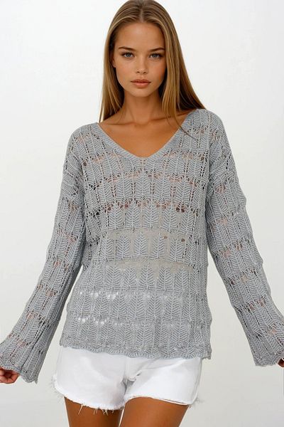 VAGGON Women's Gray V-Neck Openwork Blouse Vs00251