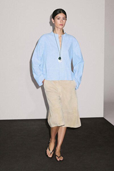 Massimo Dutti Dikiş detaylı keten karışımlı bluz