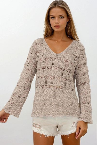 VAGGON Women's Dark Beige V-Neck Openwork Blouse Vs00251