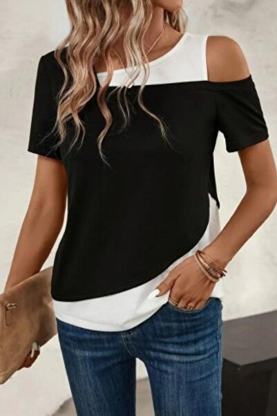 Mossta Two Color Viscose Blouse with Asymmetric Collar Detail - Black