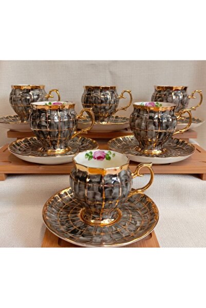 BY.RAYKA PORSELEN El Dekor Plaid Porcelain Hand Painting Coffee Cup Set Gray