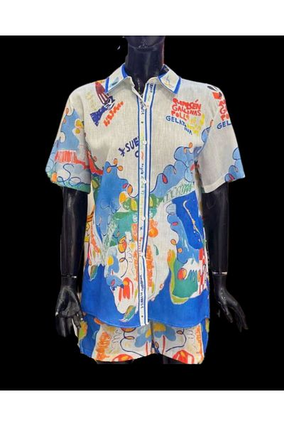 SOFT Summer Theme Printed Linen Shirt Shorts Set 80% Cotton 15% Polyester 5% Elastane