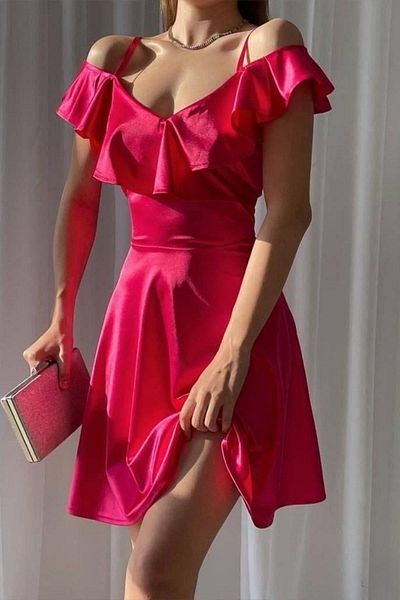 Mossta Ruffled Satin Dress with Off Shoulder Straps - Fuchsia