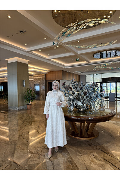 welting Simli Desenli Tesettür Abiye Elbise Bej Krem